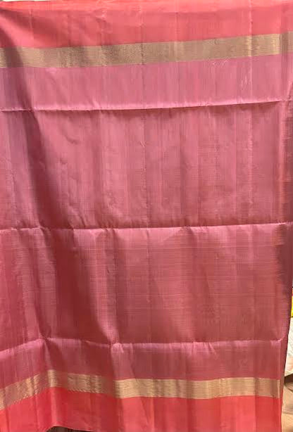 Beige Soft Silk Saree with Coral Pink &amp; Blue Contrast Zari Border