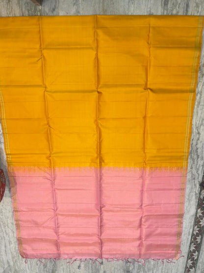 Pink Kanchi Soft Silk Saree Plain Middle Yellow Pallu Pink