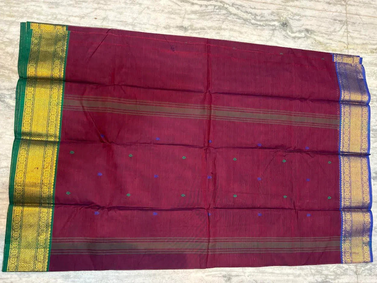 Pure Narayanpet Cotton Butti Saree Maroon with Gold Zari Border Traditional Handloom Saree - pochampallysarees.com