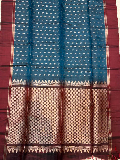 PURE SOFT SILK SAREE BLUE AND OLIVE MAROON WITH ALLOVER BUTTI DESIGN WEAVES IN BORDER AND PALLU TISSUE STYLE - pochampallysarees.com