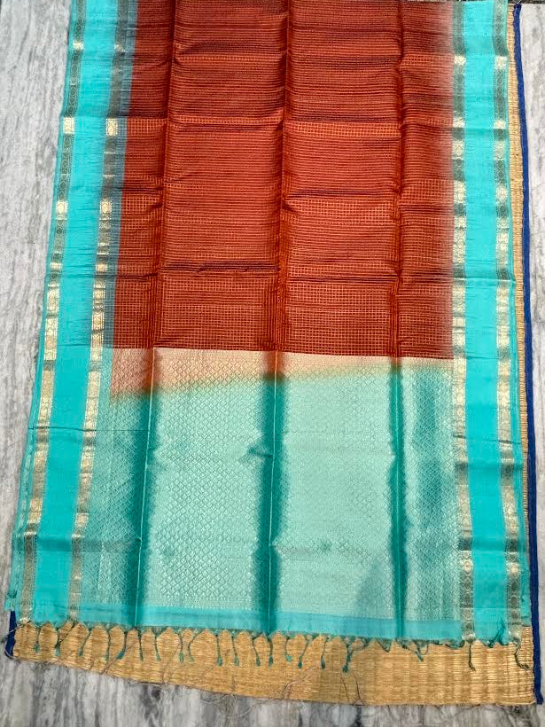 Rust Brown and Turquoise Zari Woven Silk Saree With Silk Mark
