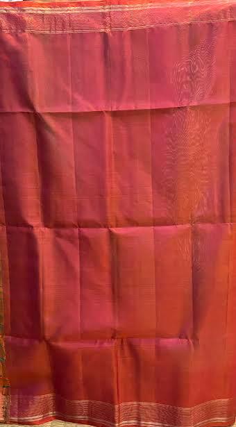 Sea Green Silk Saree with Coral Red Zari Pallu &amp; Matching Red Blouse