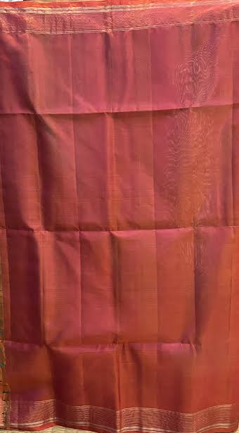 Sea Green Silk Saree with Coral Red Zari Pallu &amp; Matching Red Blouse