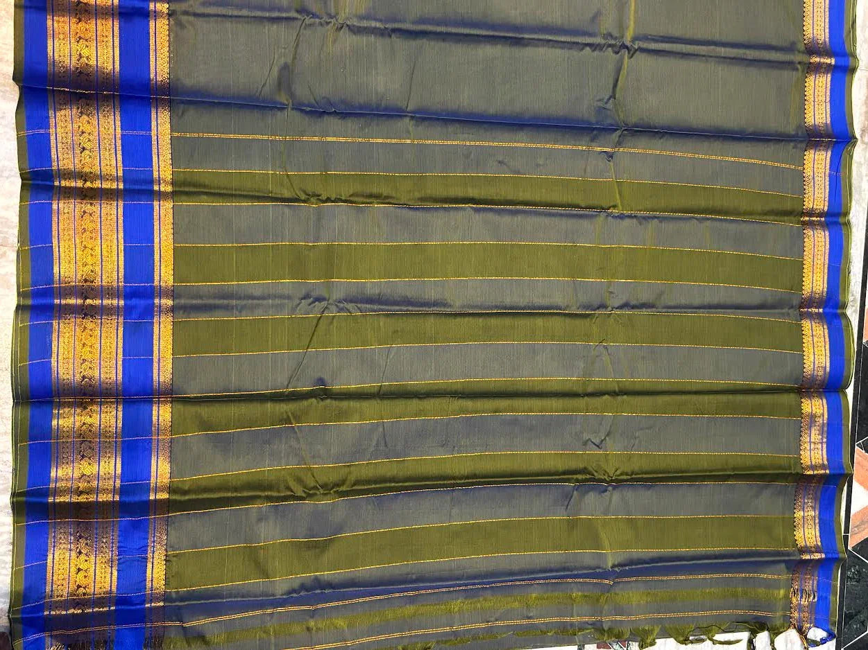 Pure Narayanpet Cotton Saree - Olive Green &amp; Royal Blue Handloom Saree - pochampallysarees.com