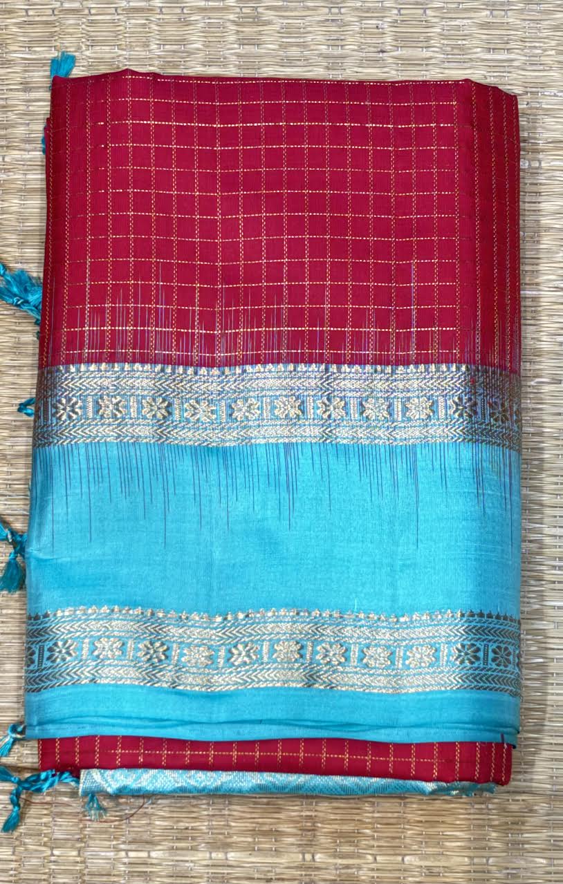 Red and Teal Blue Kanchi Soft Silk Checks Saree with Silver Zari Border