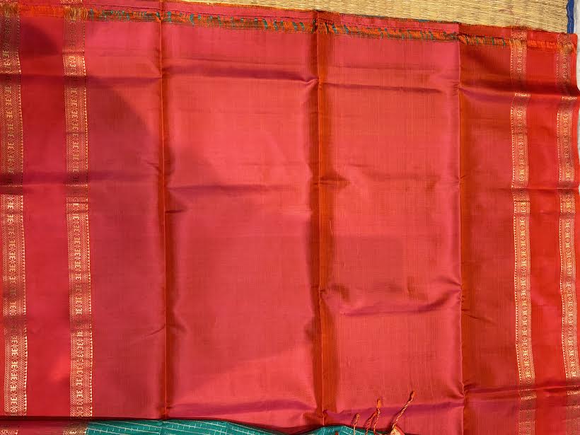 Silk Mark Certified Pure Kanchipuram Silk Saree in Peacock Green with Contrast Red Zari Border