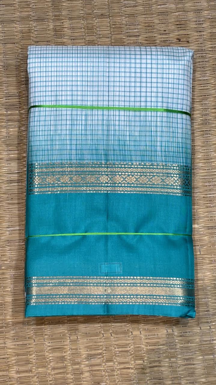 Light Blue &amp; Emerald Green Kanchi Silk Saree with Checked Body &amp; Zari Border