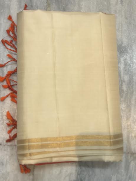 Kanchi Soft Silk Cream Saree with Contrast Red Gold Zari Brocade Pallu