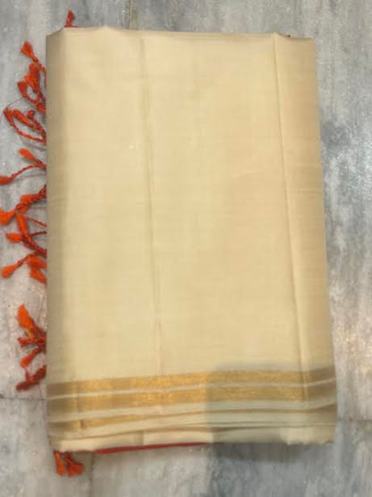 Kanchi Soft Silk Cream Saree with Contrast Red Gold Zari Brocade Pallu