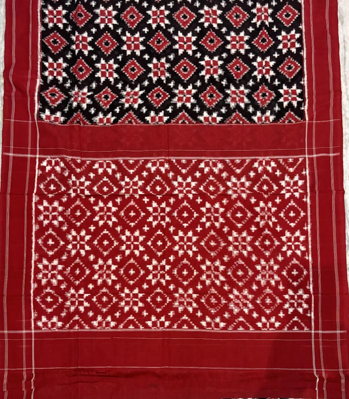 Traditional Handwoven Ikkat Telia Rumal Cotton Saree with Rich Red Pallu &amp; Geometric Grid Border