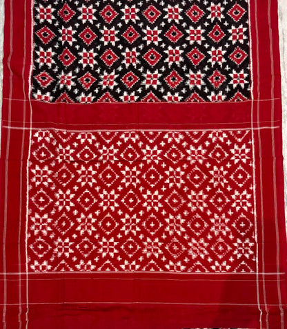 Traditional Handwoven Ikkat Telia Rumal Cotton Saree with Rich Red Pallu &amp; Geometric Grid Border