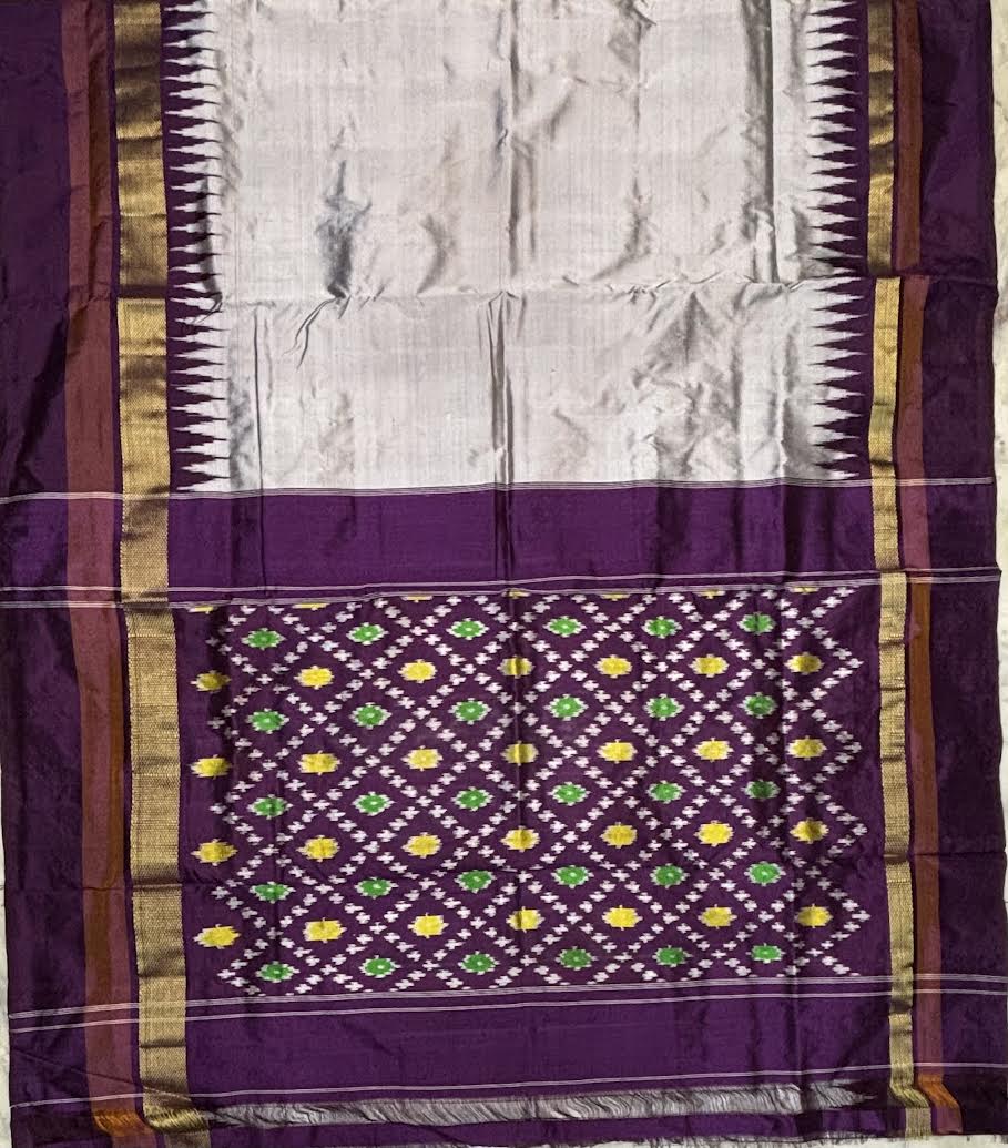 Elegant Off-White &amp; Purple Ikat Silk Saree with Temple Border