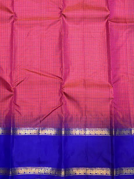 Magenta Red Kanchi Checks Silk Saree with Royal Blue &amp; Silver Zari Pallu