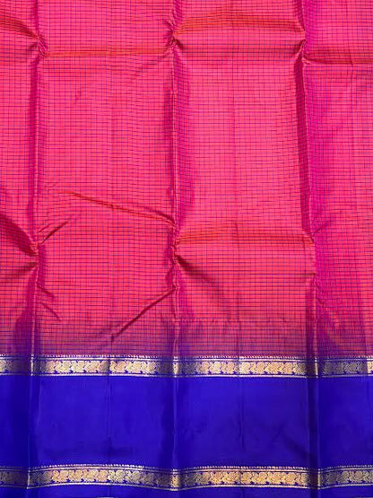 Magenta Red Kanchi Checks Silk Saree with Royal Blue &amp; Silver Zari Pallu