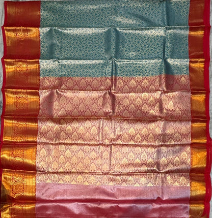 Dharmavaram Pattu Silk Saree – Sea Green Blue with Royal Red Pallu &amp; Golden Zari