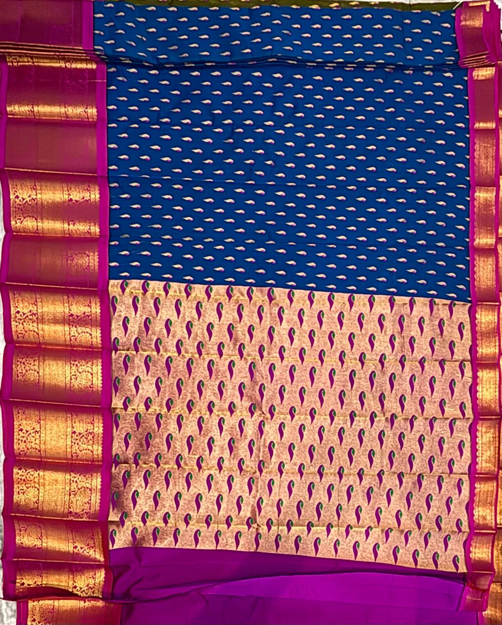 Vibrant Lime Green and Magenta Kuppadam Pattu Silk Saree with Gold Zari