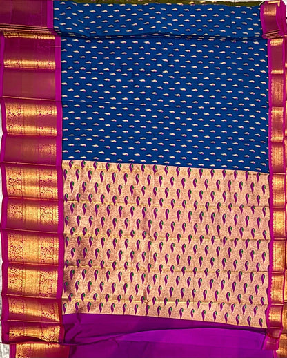 Vibrant Lime Green and Magenta Kuppadam Pattu Silk Saree with Gold Zari