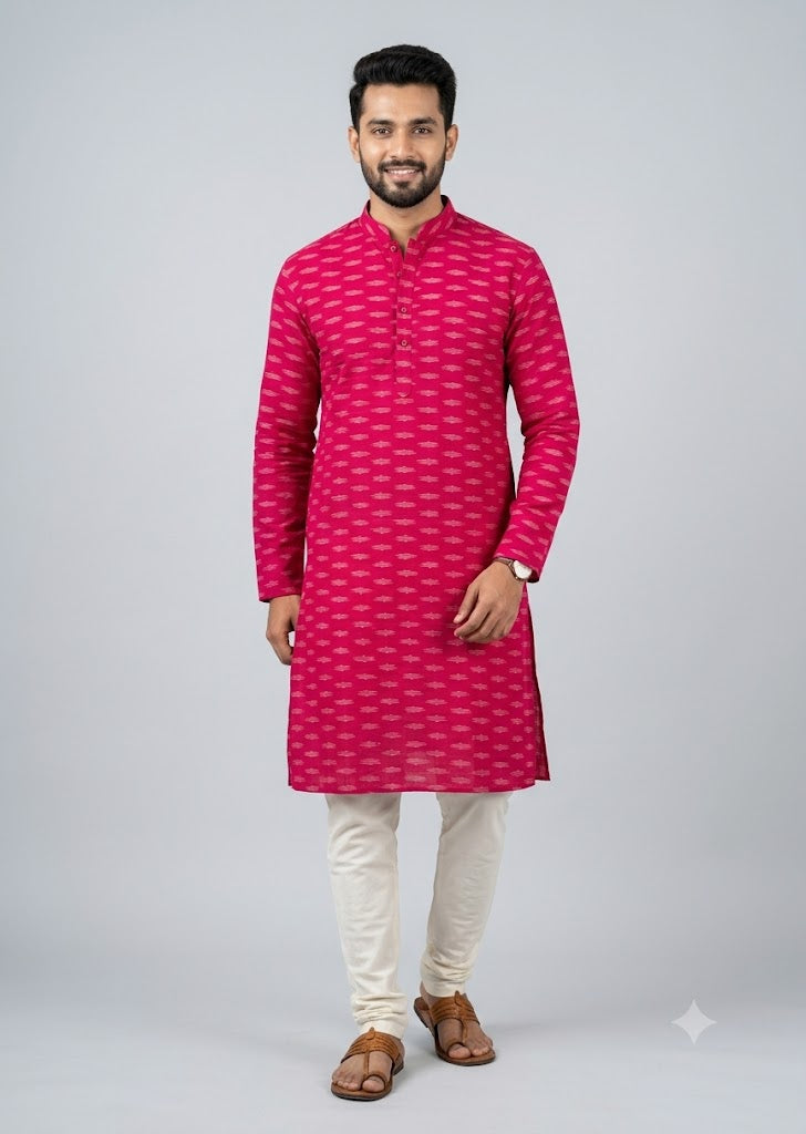 Vibrant Pinkish-Red Pochampally Ikat Cotton Fabric