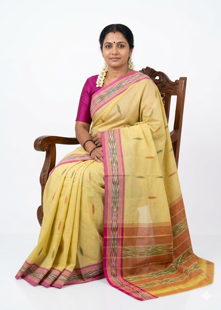 Pale Yellow Handloom Pochampally Ikat Cotton Saree - pochampallysarees.com