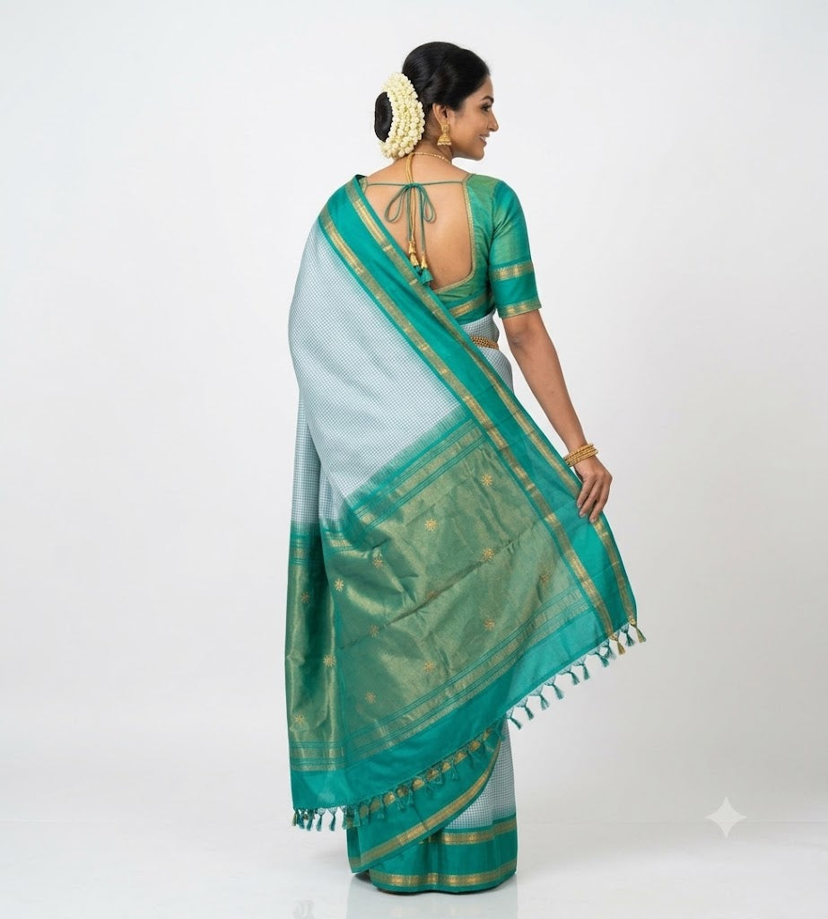 Light Blue &amp; Emerald Green Kanchi Silk Saree with Checked Body &amp; Zari Border
