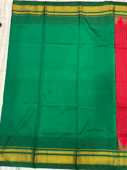 Authentic Red &amp; Green Pure Gadwal Silk Saree with Temple Border - pochampallysarees.com