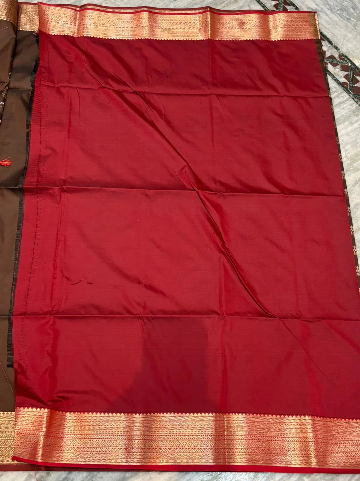 Pure Dharmavaram Silk Saree - Elegant Chocolate Brown with Rich Red Brocade Pallu - pochampallysarees.com