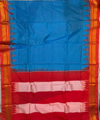 Royal Blue Checkered Gadwal Silk Saree with Red Temple Border