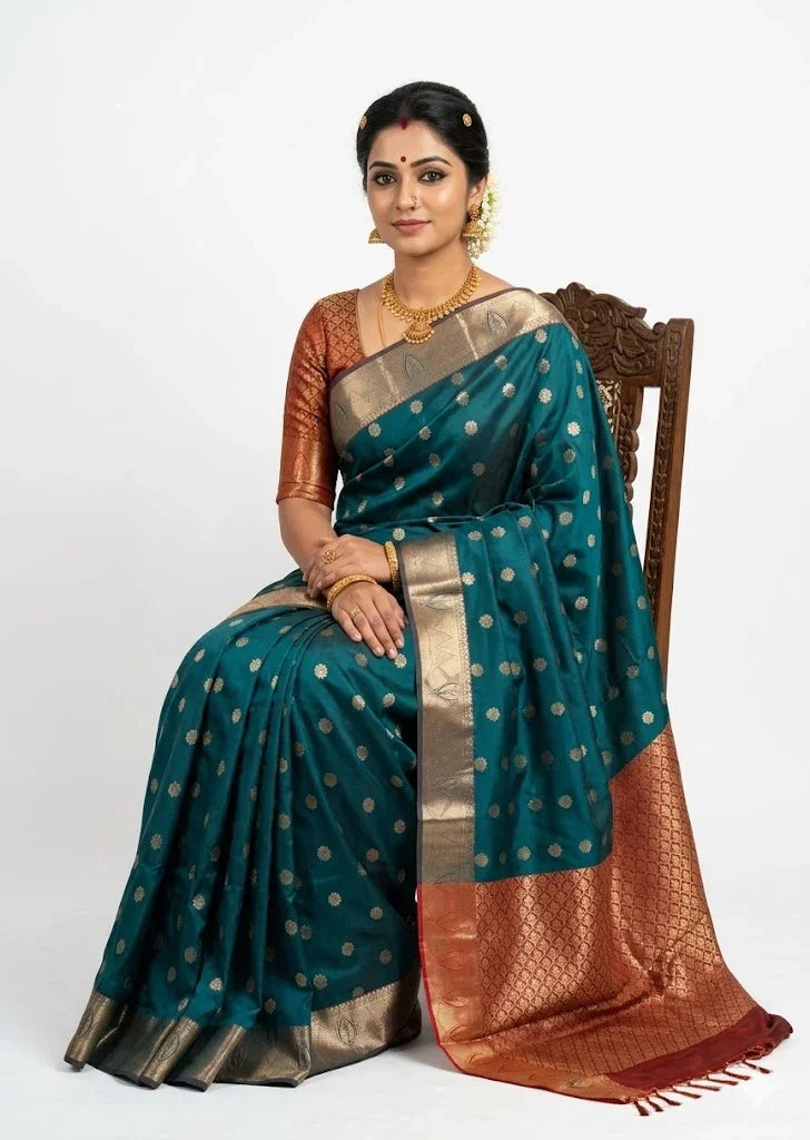 Exquisite Peacock Blue Dharmavaram Silk Saree with Rich Copper-Red Pallu - pochampallysarees.com