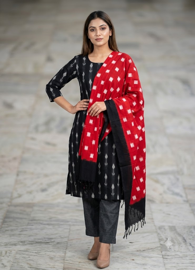 Handcrafted Black &amp; Red Double Ikat Ikat Cotton Kurta Set with Dupatta -d24