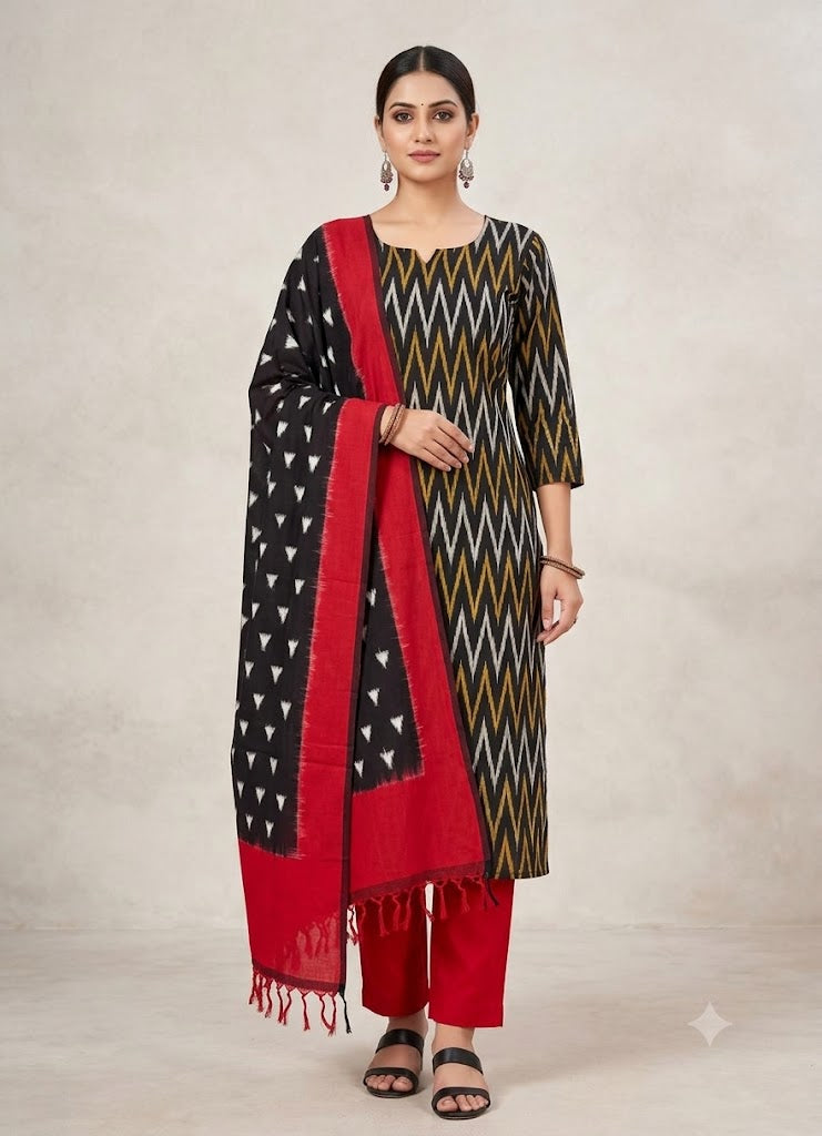 POCHAMPALLY IKKAT COTTON BLACK WITH RED COLOR DRESS MATERIAL-C1