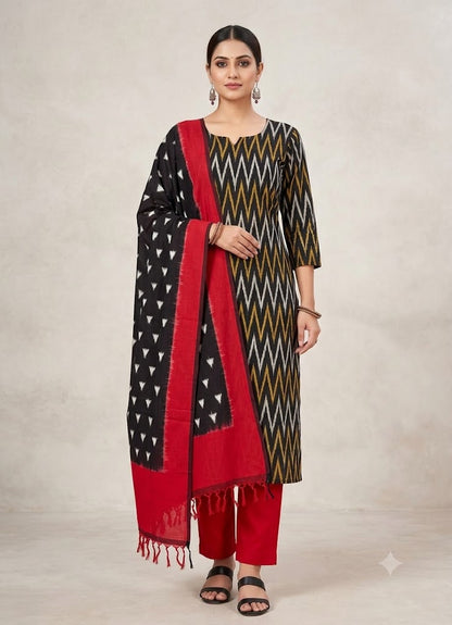 POCHAMPALLY IKKAT COTTON BLACK WITH RED COLOR DRESS MATERIAL-C1