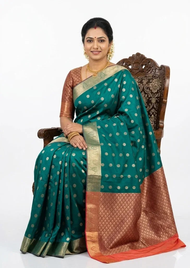 Exquisite Deep Teal Dharmavaram Pattu Saree with Contrast Copper Zari Border - pochampallysarees.com