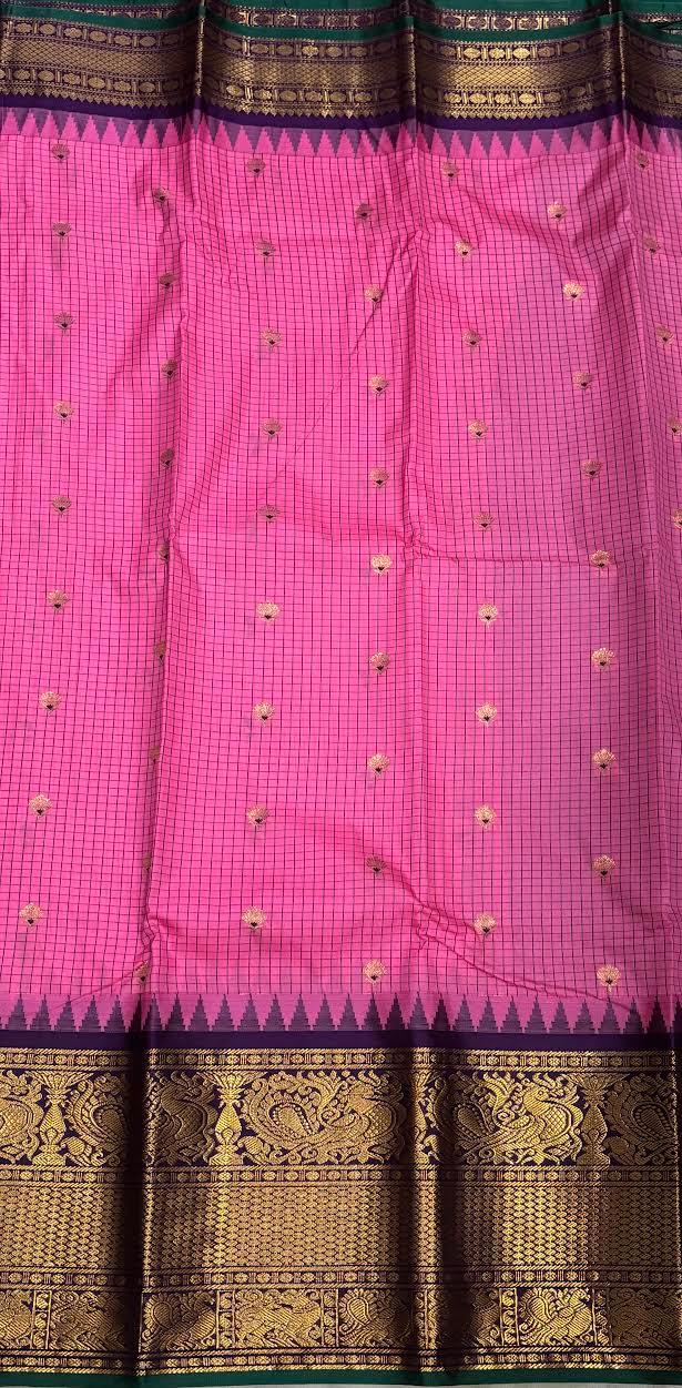 PURE GADWAL SILK PINK BODY BUTTI CHOCOLATE PALLU BLUE BIG BORDER AND BLOUSE BLUE SAREE - pochampallysarees.com