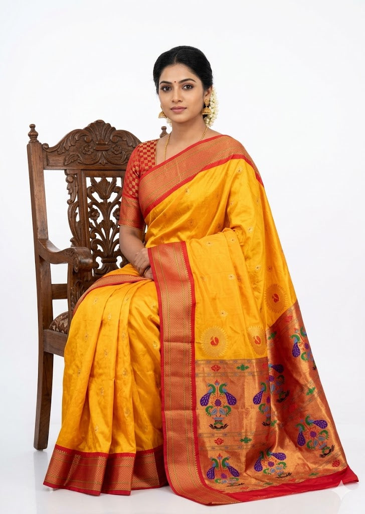Traditional Yellow Gadwal Silk Saree with Red Peacock Pallu - pochampallysarees.com