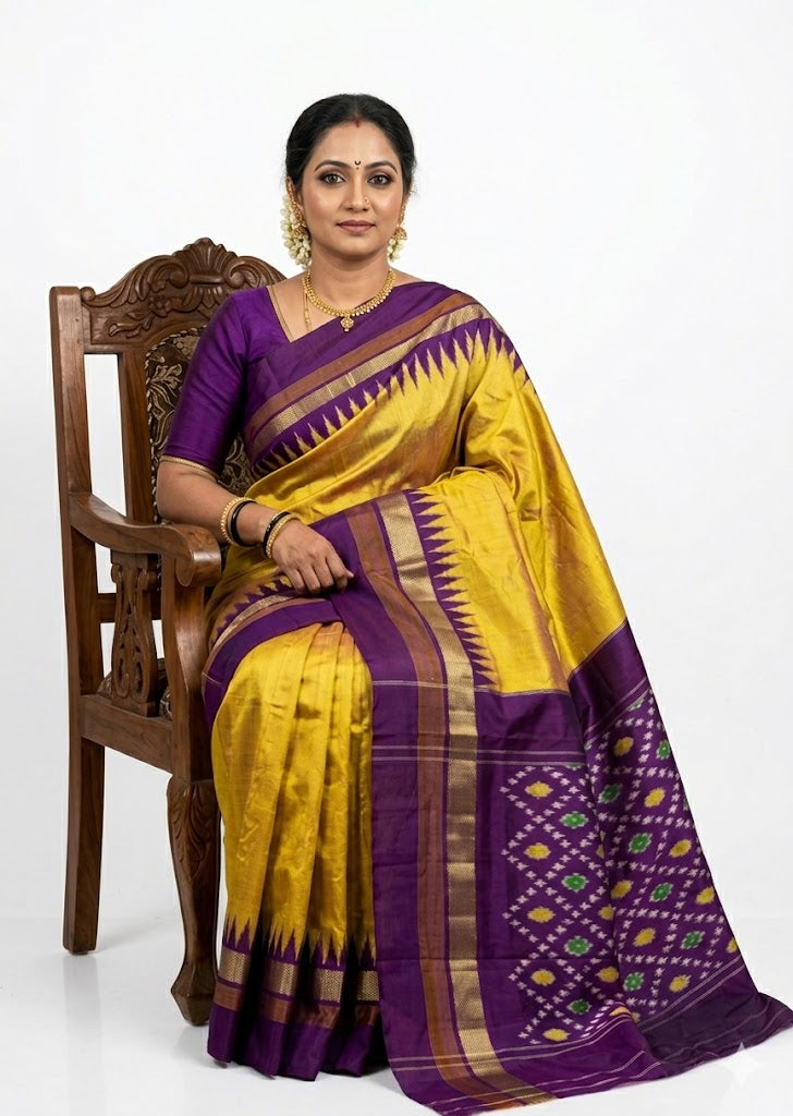 Luminous Yellow &amp; Deep Purple Temple Border Ikkat Silk Saree