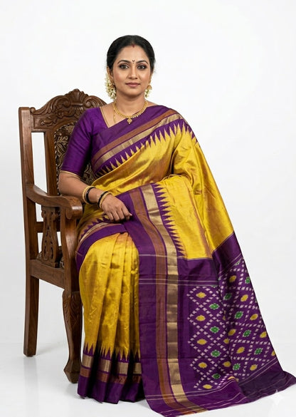Luminous Yellow &amp; Deep Purple Temple Border Ikkat Silk Saree