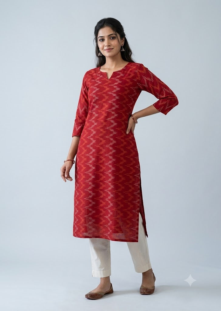 Red Pochampally Ikat Fabric – Handwoven Pure Cotton Material