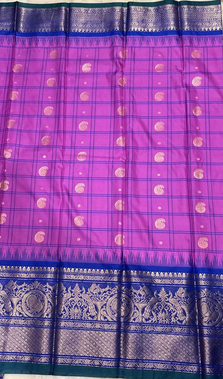 PURE GADWAL SILK PINK BODY BUTTI BLUE PALLU BLUE BIG BORDER AND BLOUSE BLUE SAREE - pochampallysarees.com