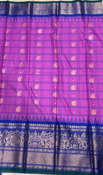 PURE GADWAL SILK PINK BODY BUTTI BLUE PALLU BLUE BIG BORDER AND BLOUSE BLUE SAREE - pochampallysarees.com