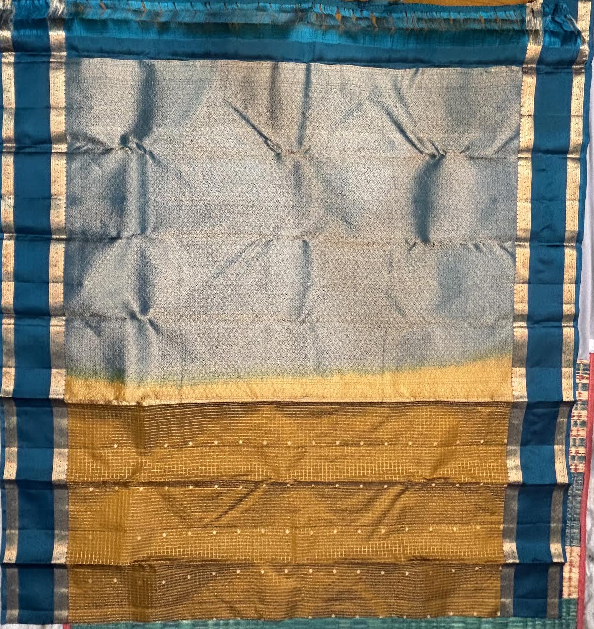 Mustard Yellow &amp; Slate Blue Pure Kanchi Silk Saree with Teal Zari Border