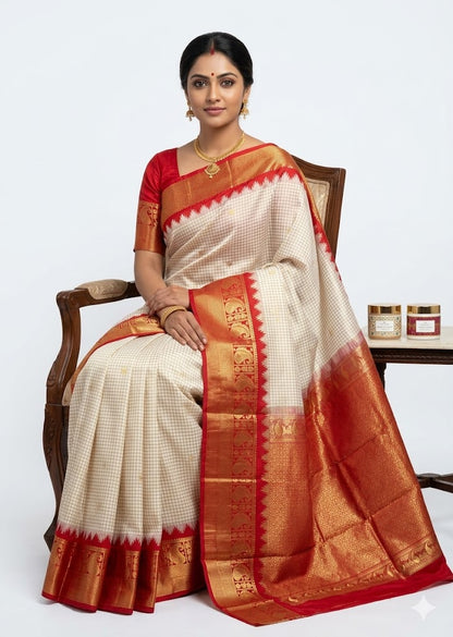 Traditional Off-White &amp; Red Gadwal Silk Saree with Skincare Combo