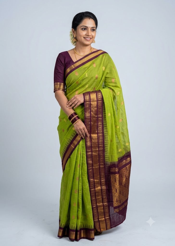 Traditional Parrot Green Gadwal Cotton Saree with Dark Plum Zari Border gc23