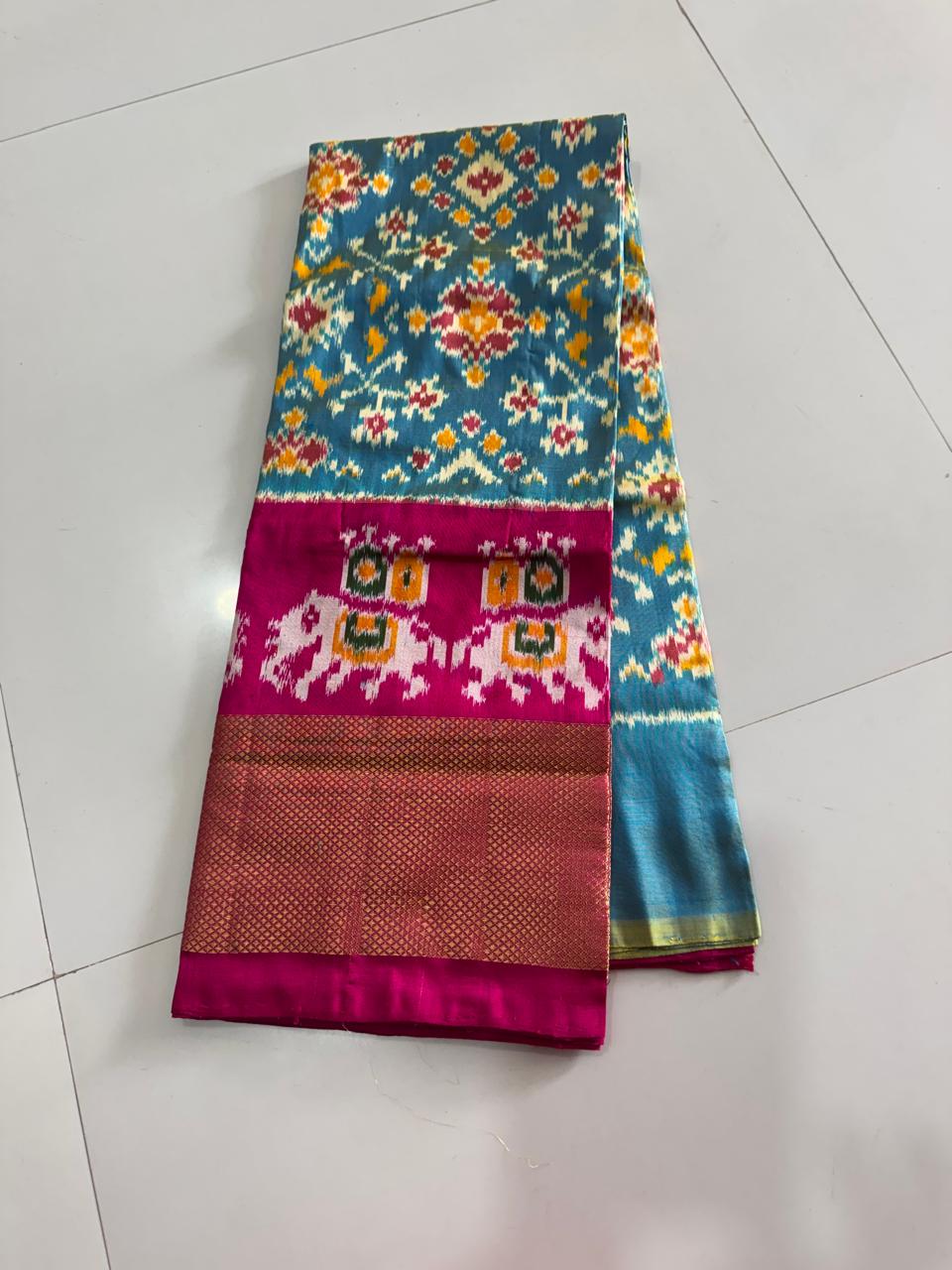 Blue and Pink Ikkat Silk Big Size Lehenga (8 Years to 50 Years)with silk mark