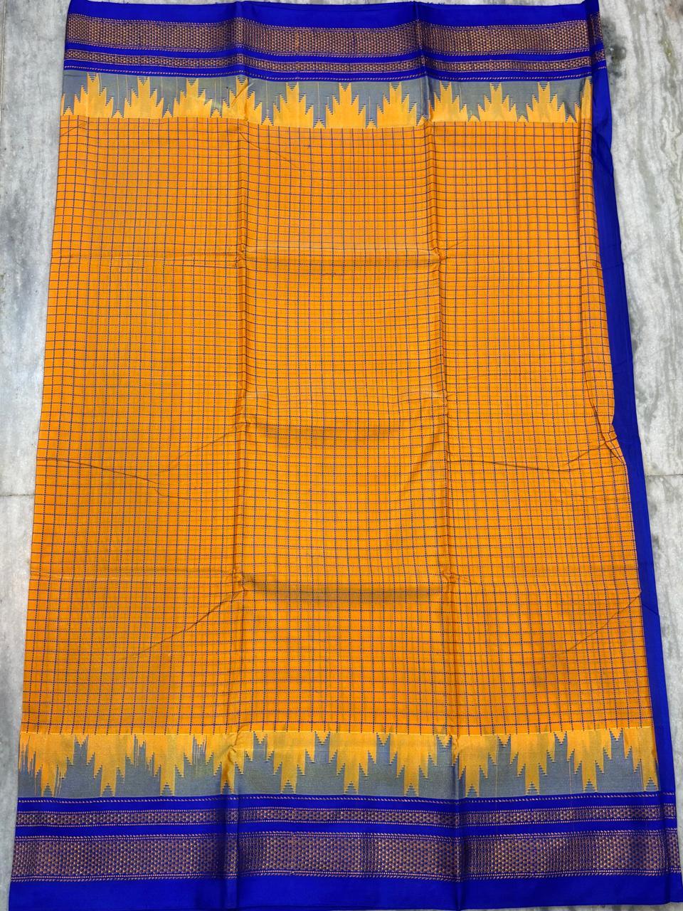 Mustard Yellow &amp; Royal Blue Kanchipuram Handloom Silk Saree - pochampallysarees.com