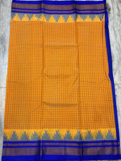 Mustard Yellow &amp; Royal Blue Kanchipuram Handloom Silk Saree - pochampallysarees.com