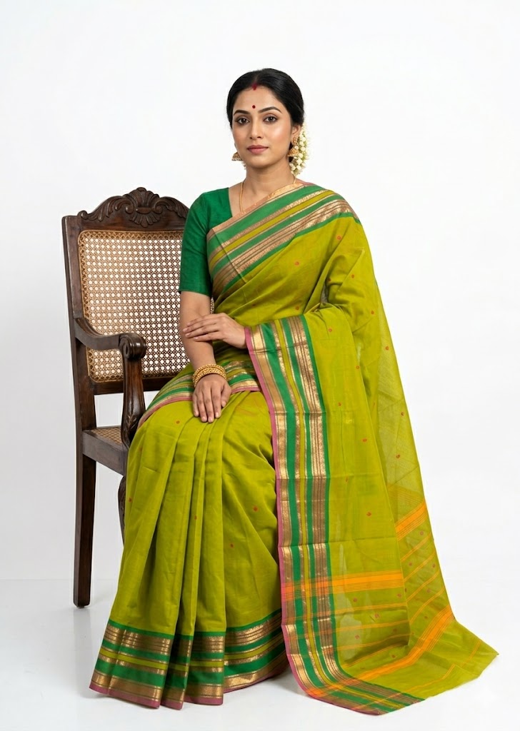 NARAYANPET COTTON SAREE GREEN COLOR BUTTI BODY BUTTA GANGA JAMUNA BORDER
