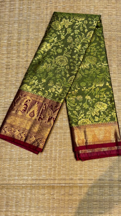 Exquisite Olive Green &amp; Maroon Semi Dharmavaram Silk Saree