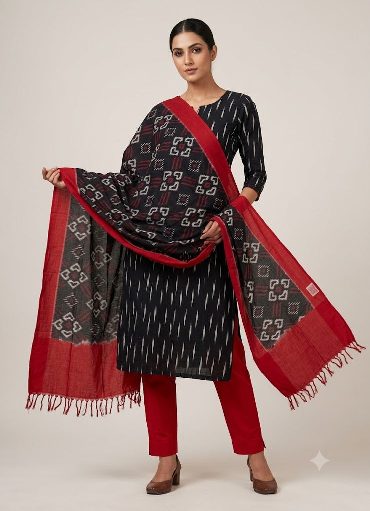 POCHAMPALLY IKAT COTTON BLACK WITH RED COLOR DRESS MATERIAL - C9