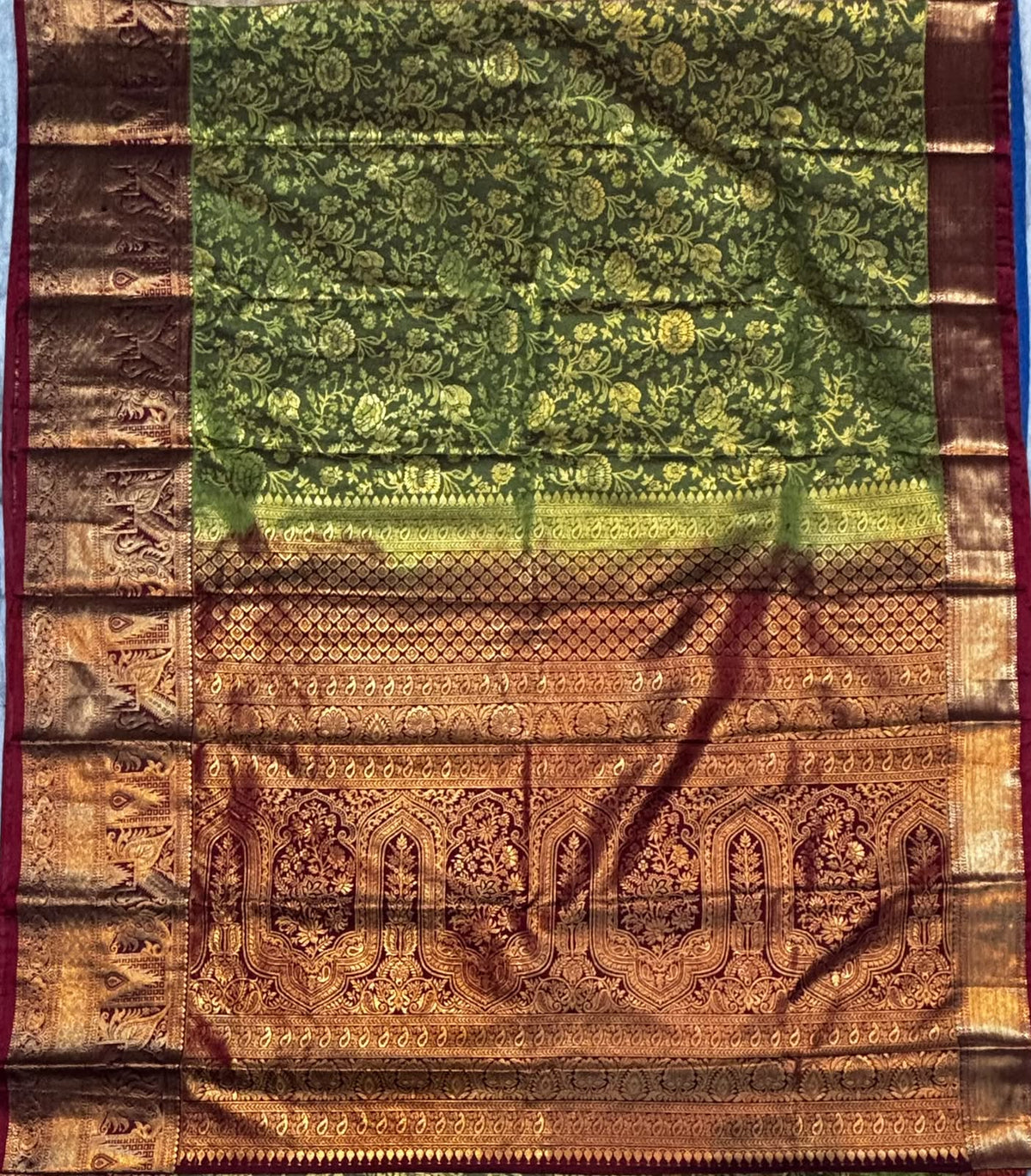Exquisite Olive Green &amp; Maroon Semi Dharmavaram Silk Saree