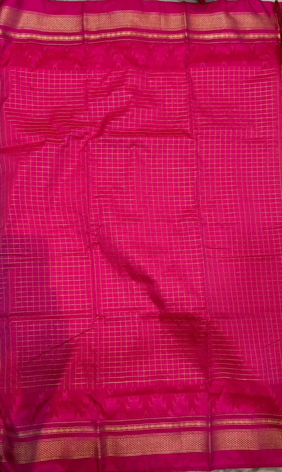 Stunning Yellow Gadwal Saree with Contrast Pink Temple Border